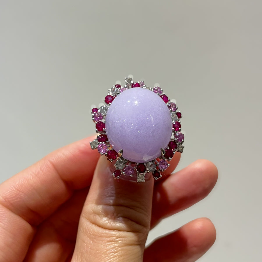 18K Gold Large Size Cabochon Purple Jade Ring Size 6.75 - Natural Type-A Jadeite