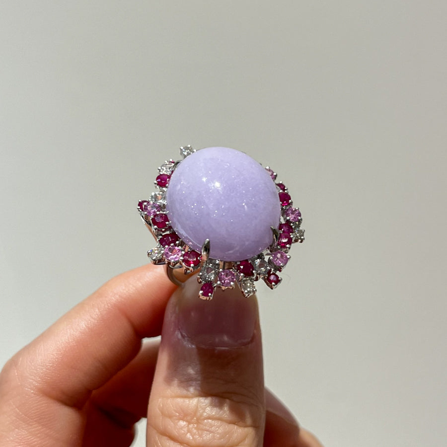 18K Gold Large Size Cabochon Purple Jade Ring Size 6.75 - Natural Type-A Jadeite