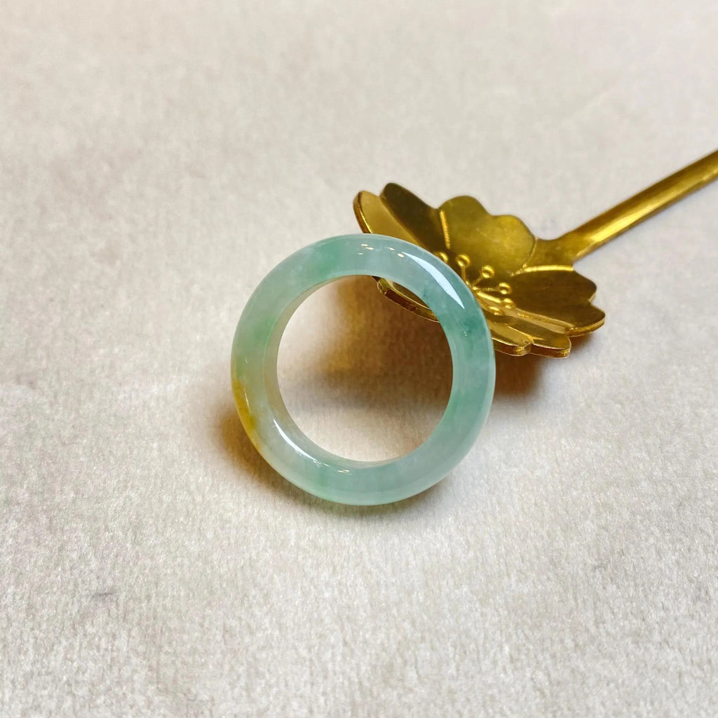 Natural Type-A Burmese Jadeite Ring - Ocean Bluish-Green with Brown Accent, Size US 7.5