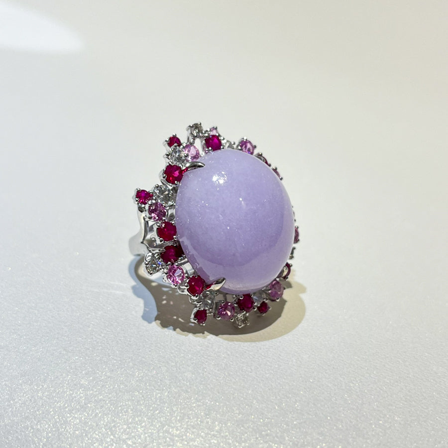 18K Gold Large Size Cabochon Purple Jade Ring Size 6.75 - Natural Type-A Jadeite
