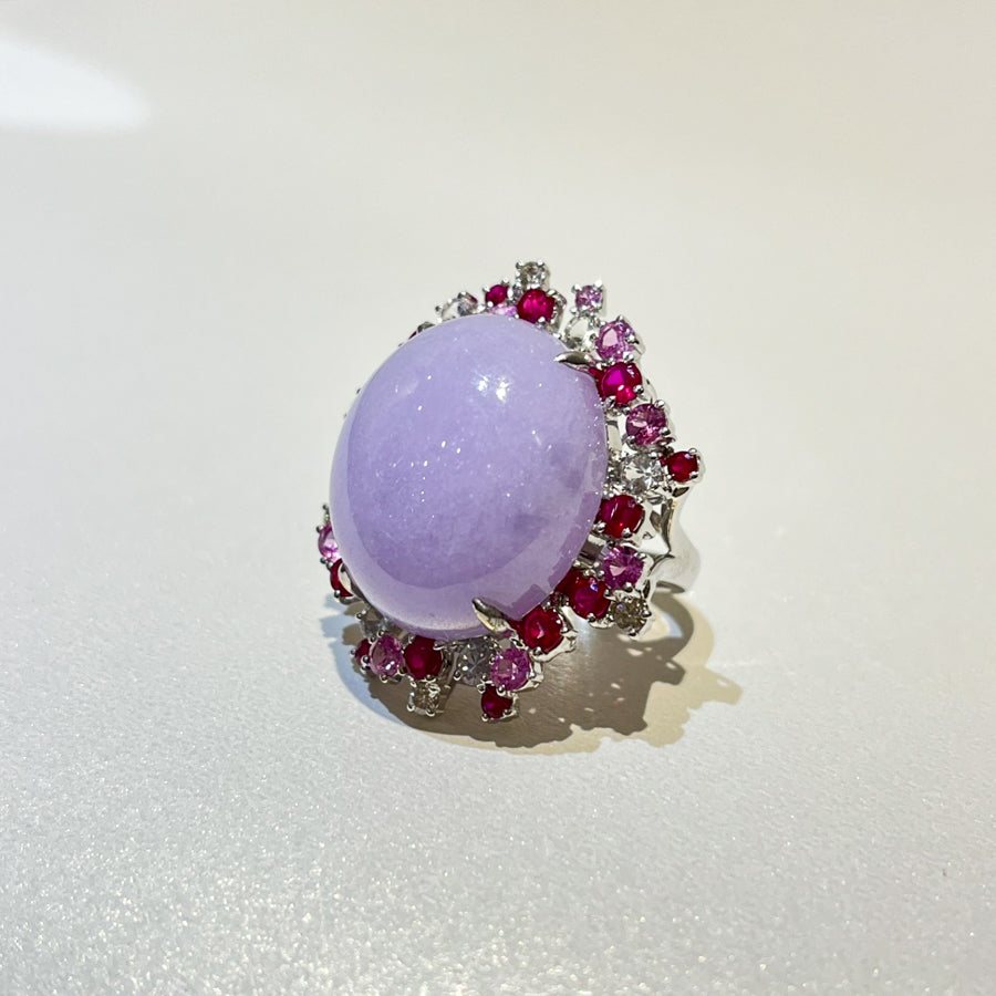 18K Gold Large Size Cabochon Purple Jade Ring Size 6.75 - Natural Type-A Jadeite