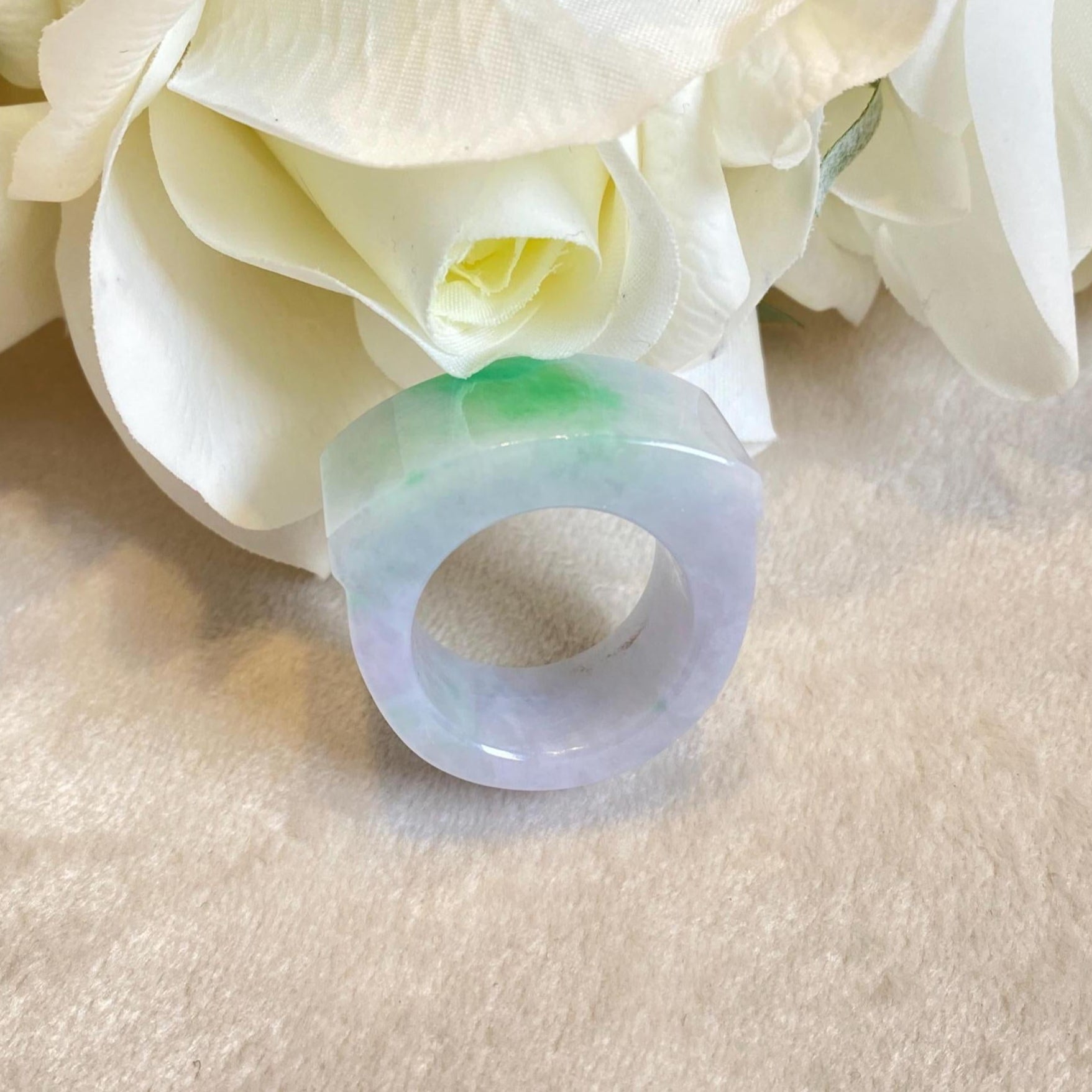 Size 9.25 Natural Type-A Burmese Green Jade Wide Band Saddle Ring