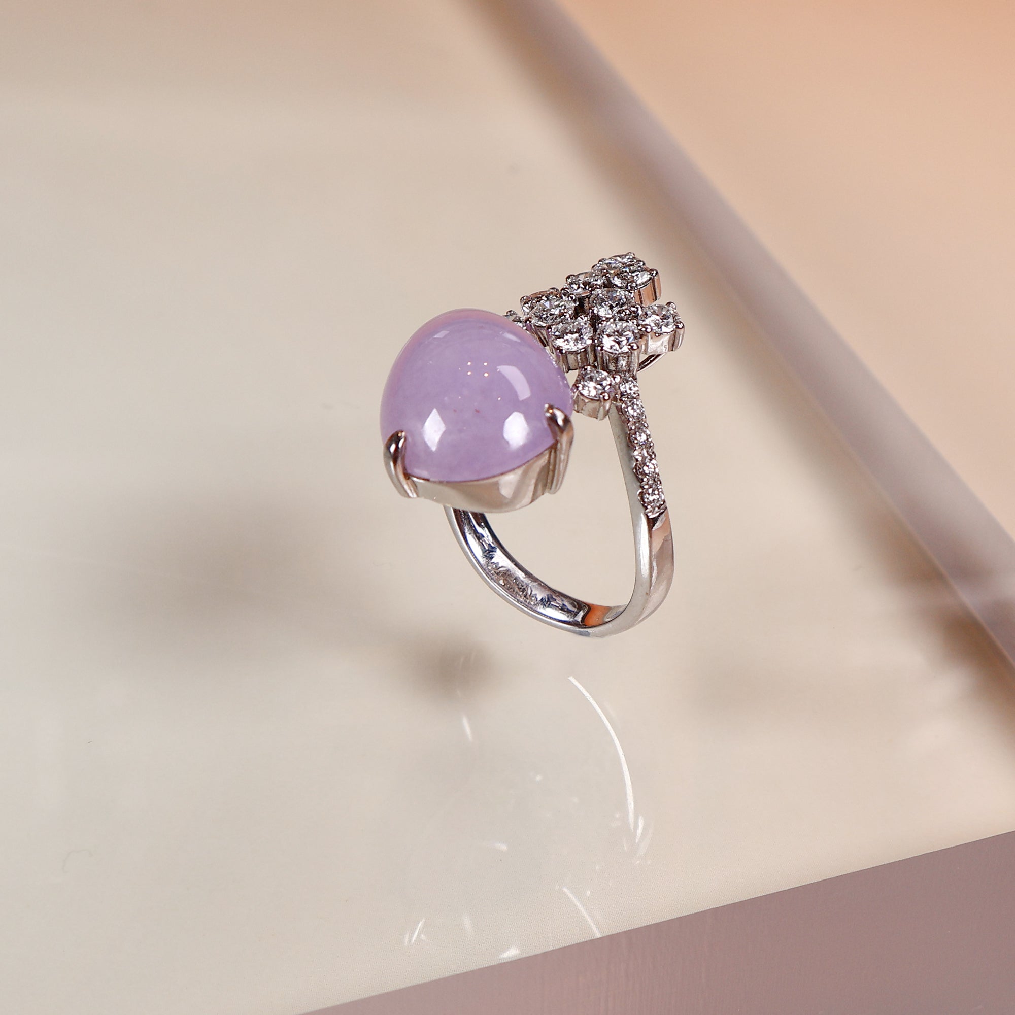 Gransky Pear Shape Purple Type A Jadeite Diamond Ring in 18k White Gold | Natural Burmese Jade Certificate Included