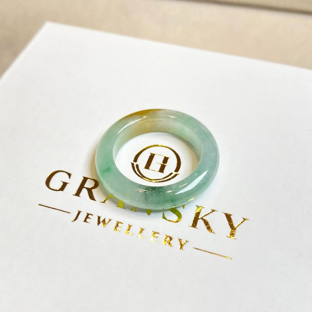 Natural Type-A Burmese Jadeite Ring - Ocean Bluish-Green with Brown Accent, Size US 7.5