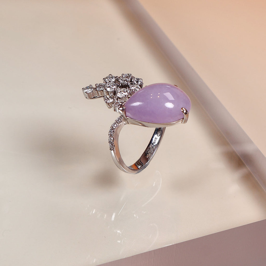 Gransky Pear Shape Purple Type A Jadeite Diamond Ring in 18k White Gold | Natural Burmese Jade Certificate Included