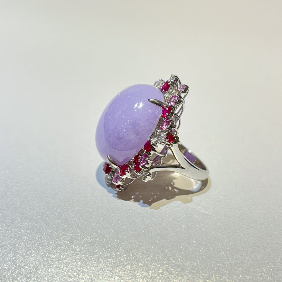 18K Gold Large Size Cabochon Purple Jade Ring Size 6.75 - Natural Type-A Jadeite