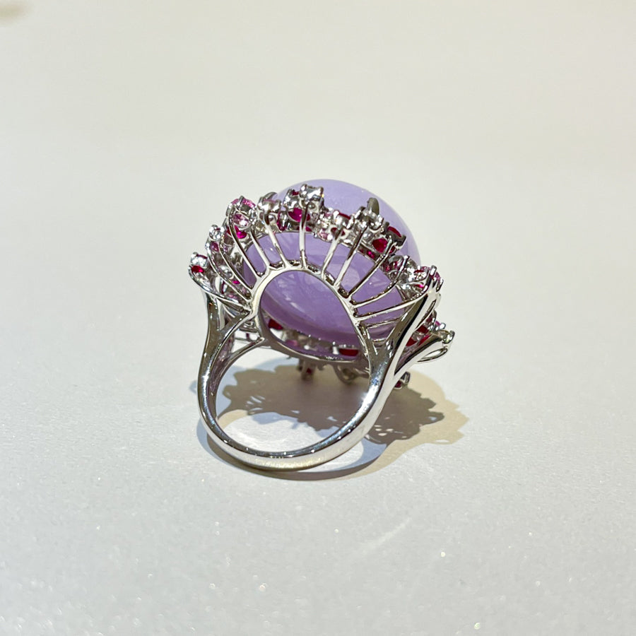 18K Gold Large Size Cabochon Purple Jade Ring Size 6.75 - Natural Type-A Jadeite