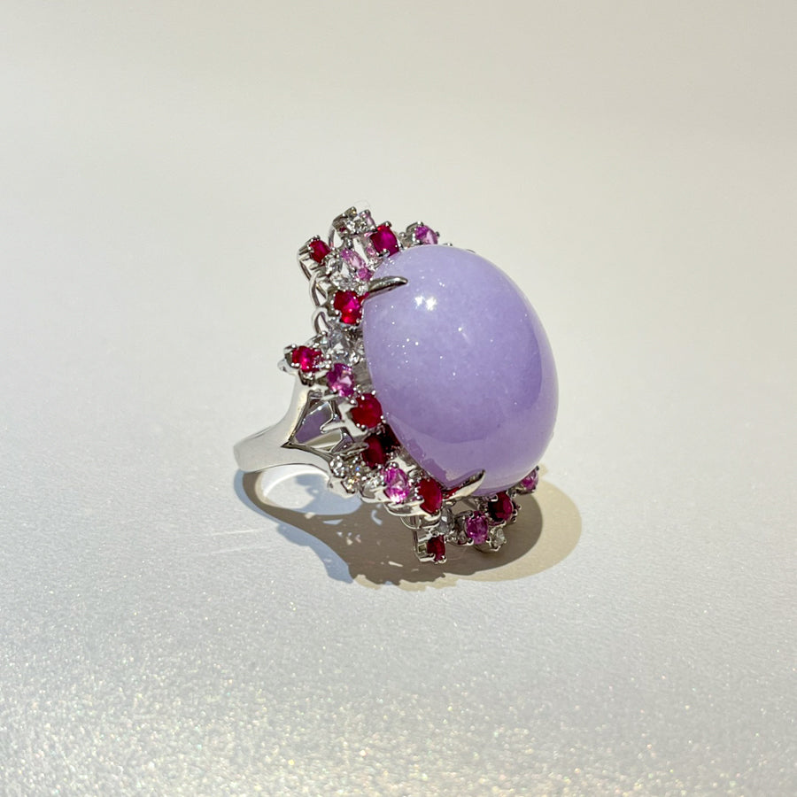 18K Gold Large Size Cabochon Purple Jade Ring Size 6.75 - Natural Type-A Jadeite