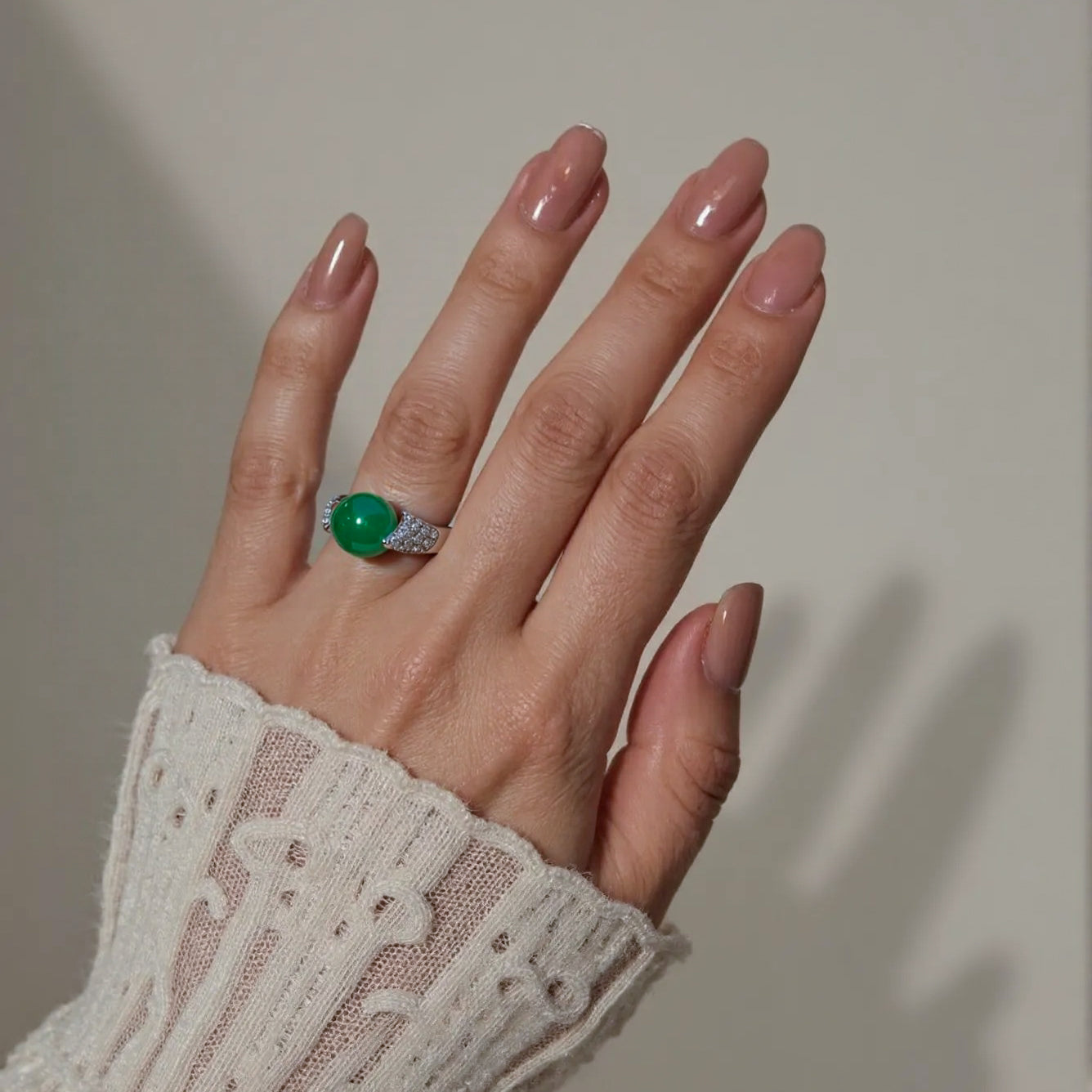 Apple Green Jade Bead Ring US 7 – Natural Type A Jadeite Bead 12mm with Diamonds in 18K White Gold