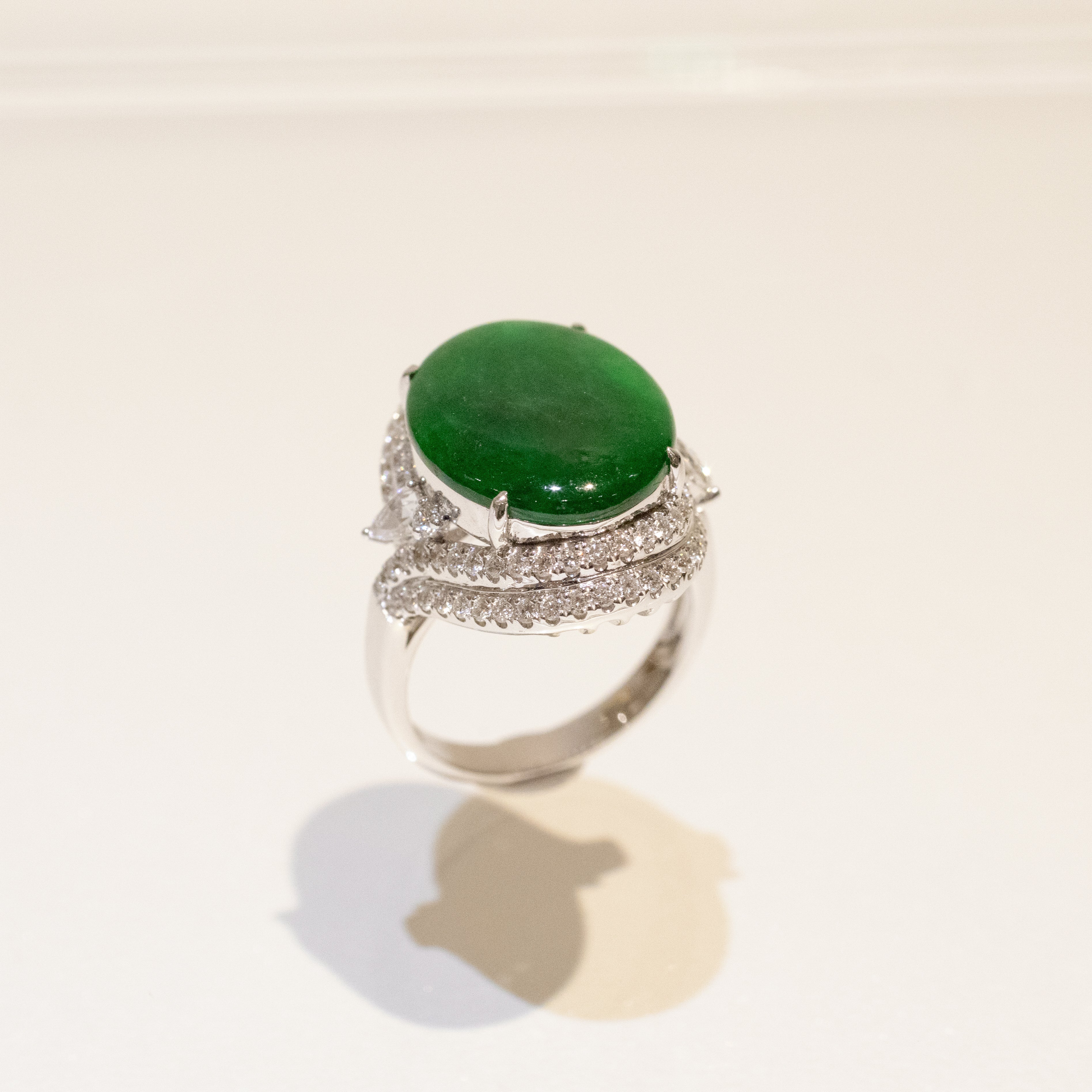 Intense Green Burmese Jadeite Cabochon Ring in 18K White Gold with Diamonds
