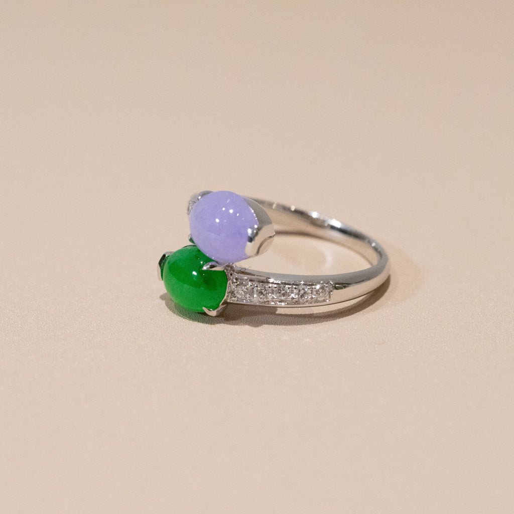 Rare Burmese Jade Cabochon Crossover Ring – Apple Green & Vivid Purple Jadeite, Diamond Accents, 18K White Gold