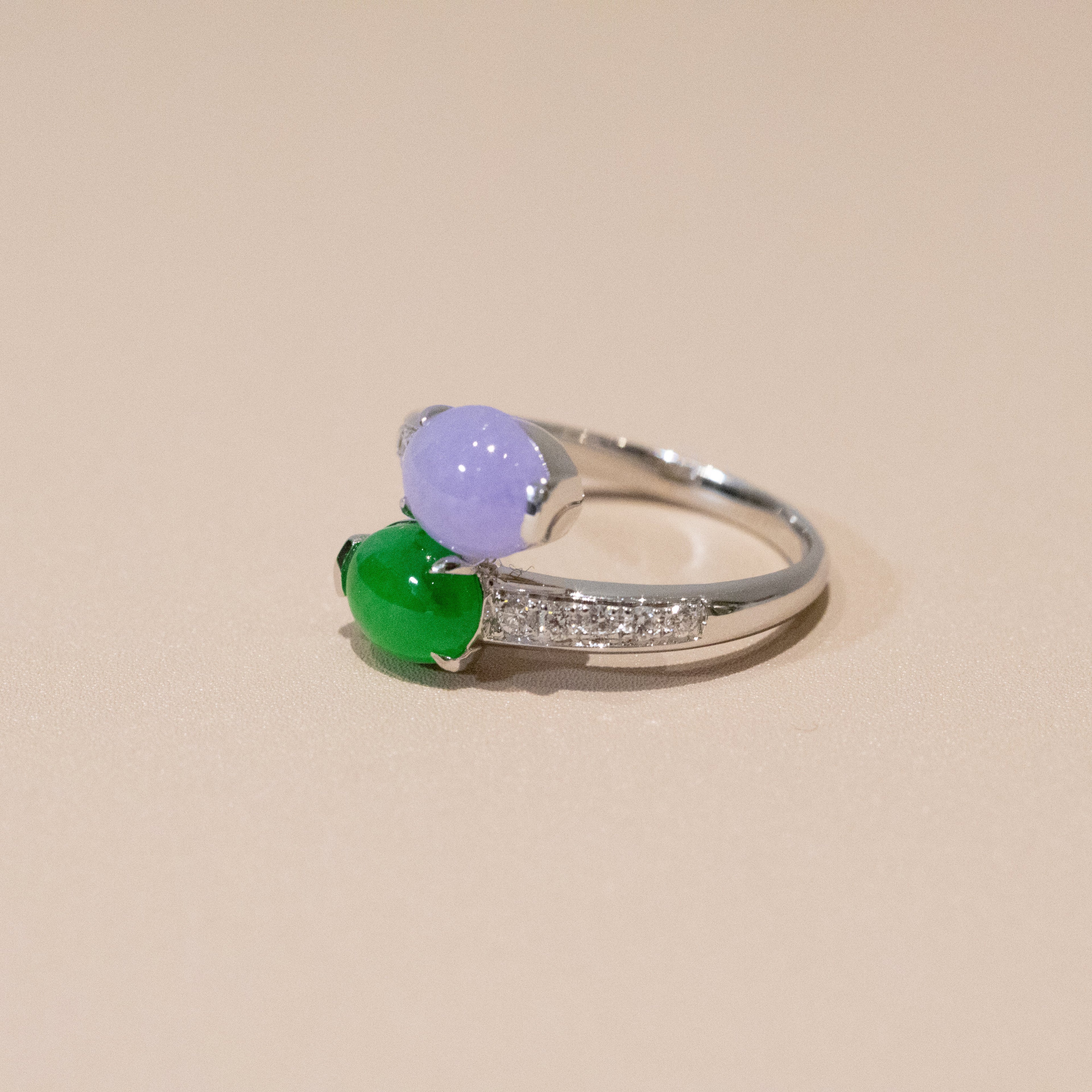 Rare Burmese Jade Cabochon Crossover Ring – Apple Green & Vivid Purple Jadeite, Diamond Accents, 18K White Gold