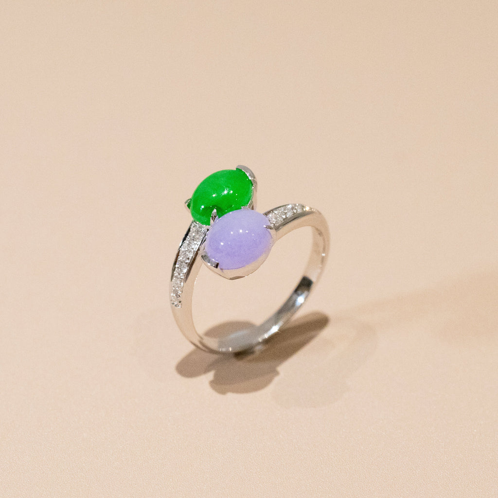 Rare Burmese Jade Cabochon Crossover Ring – Apple Green & Vivid Purple Jadeite, Diamond Accents, 18K White Gold