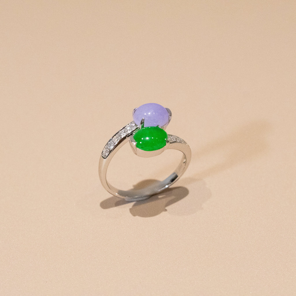 Rare Burmese Jade Cabochon Crossover Ring – Apple Green & Vivid Purple Jadeite, Diamond Accents, 18K White Gold
