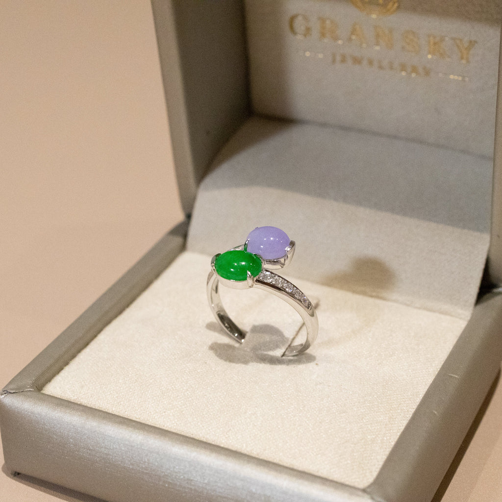 Rare Burmese Jade Cabochon Crossover Ring – Apple Green & Vivid Purple Jadeite, Diamond Accents, 18K White Gold
