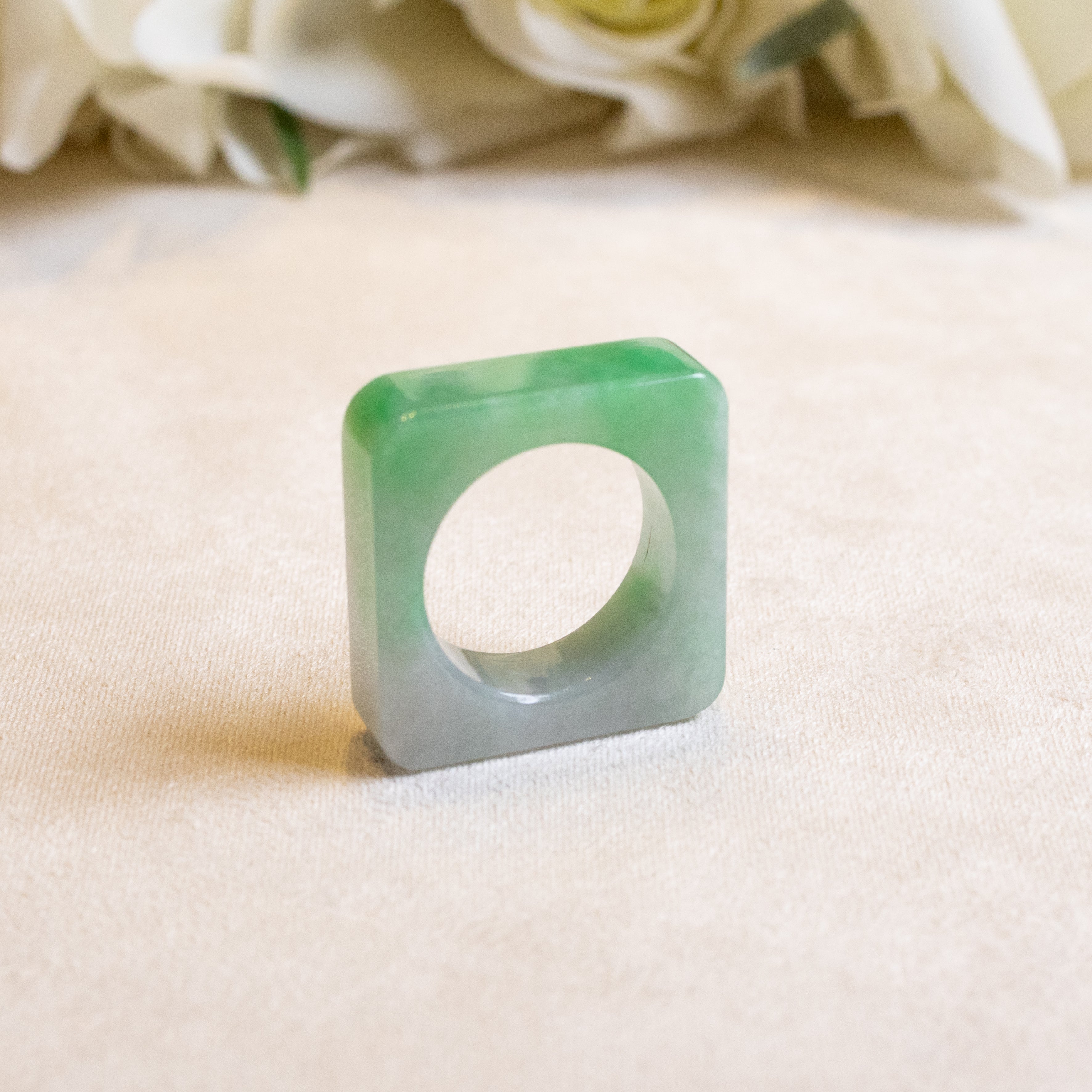 Type-A Burmese Green Jadeite Saddle Ring US 9 - Square Outer Modern Design