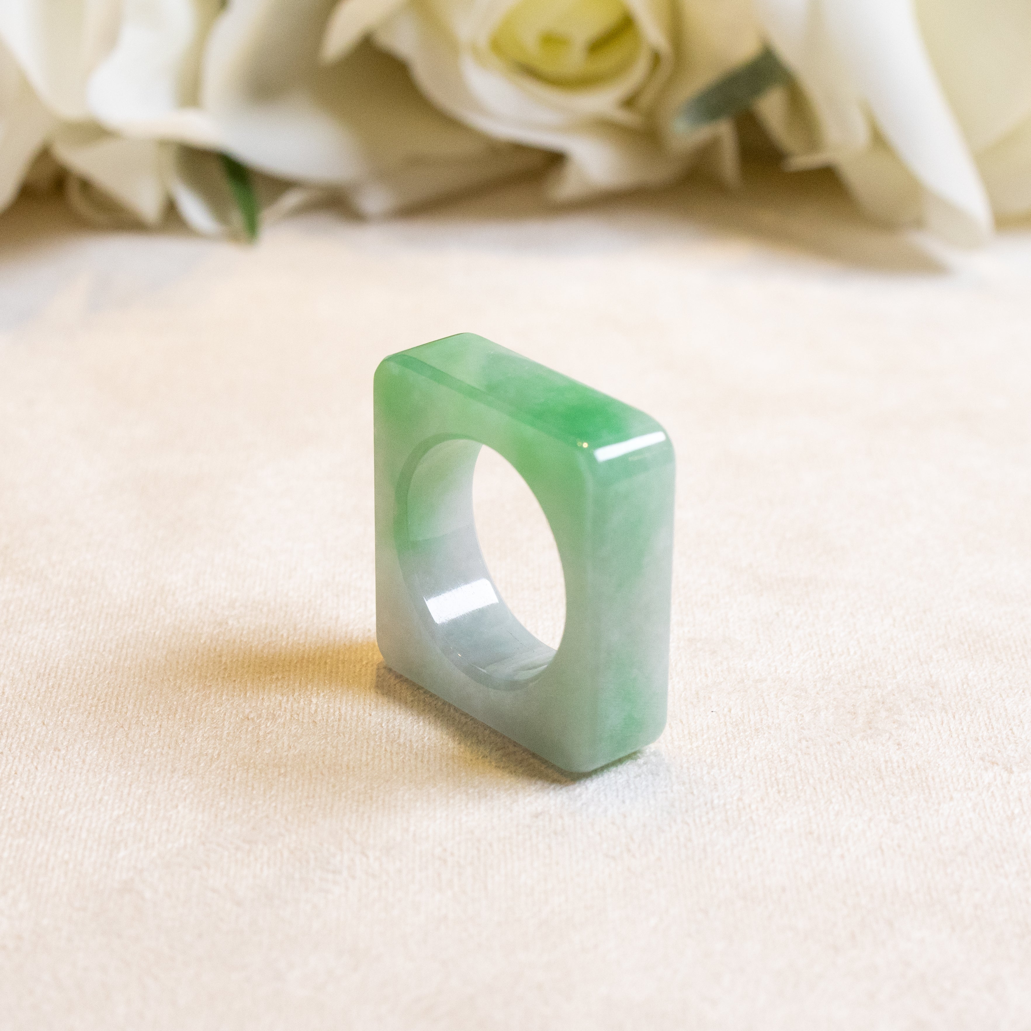 Type-A Burmese Green Jadeite Saddle Ring US 9 - Square Outer Modern Design