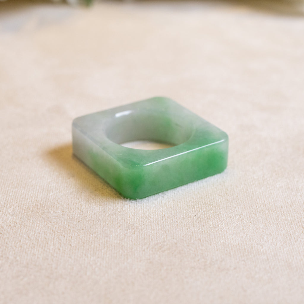 Type-A Burmese Green Jadeite Saddle Ring US 9 - Square Outer Modern Design