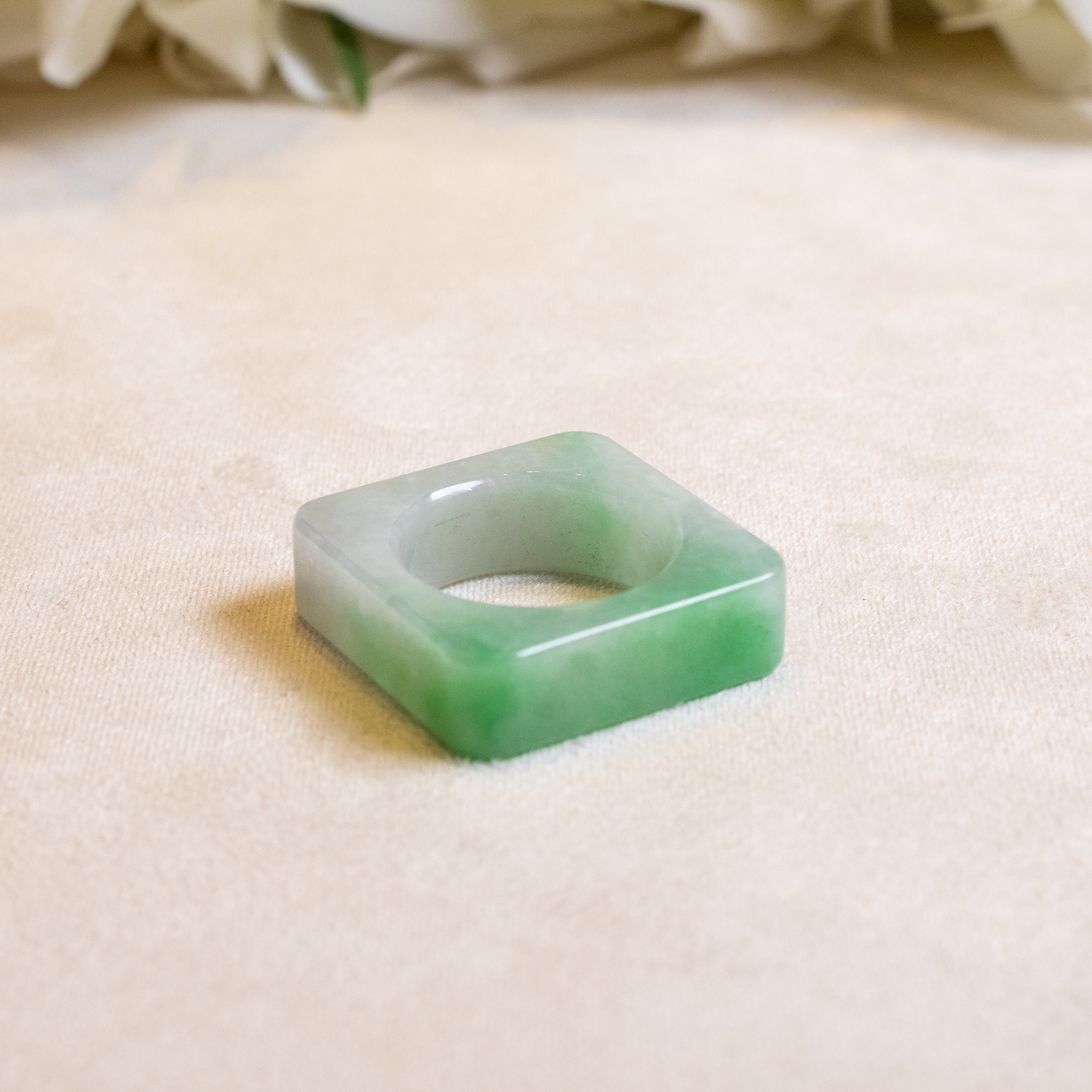 Type-A Burmese Green Jadeite Saddle Ring US 9 - Square Outer Modern Design