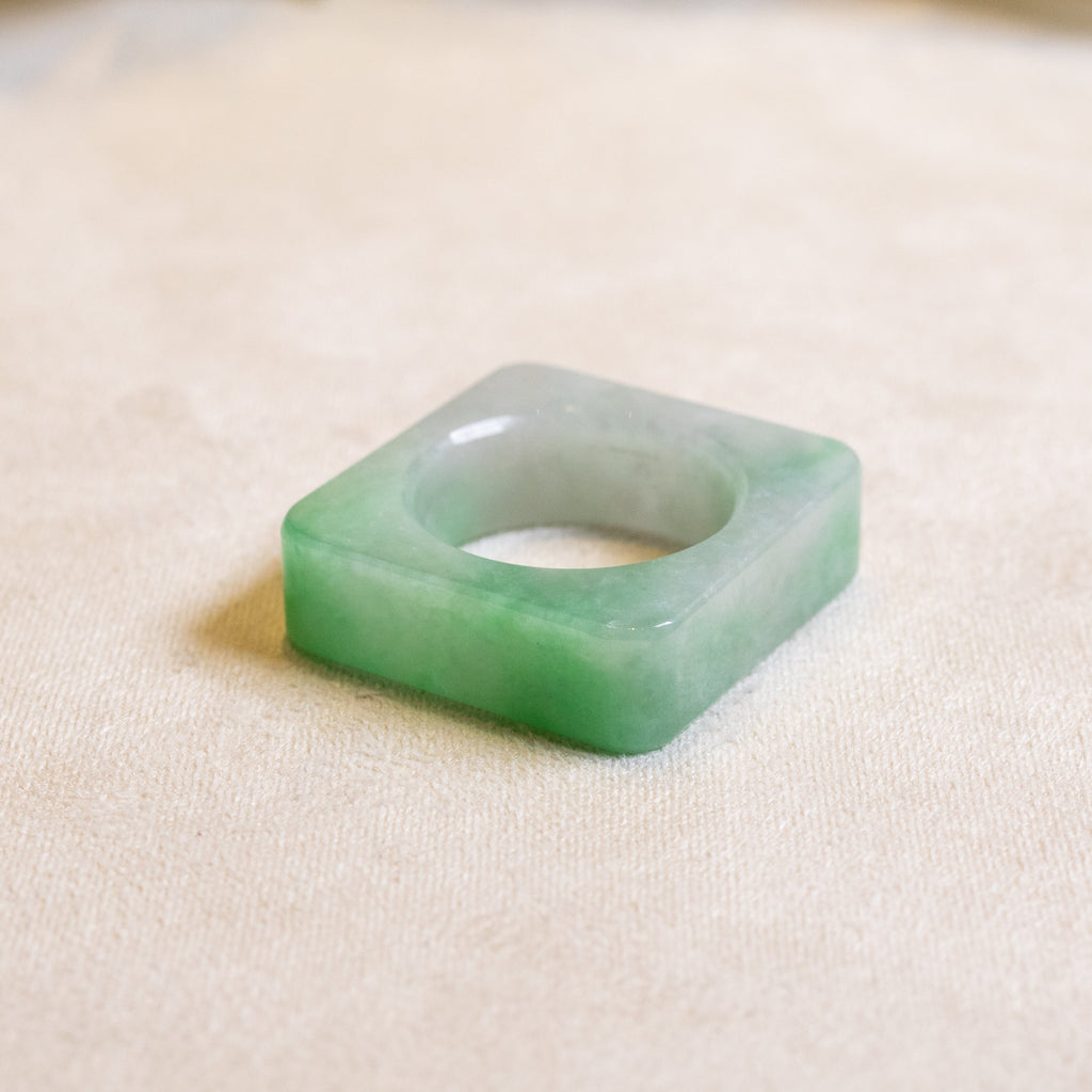 Type-A Burmese Green Jadeite Saddle Ring US 9 - Square Outer Modern Design