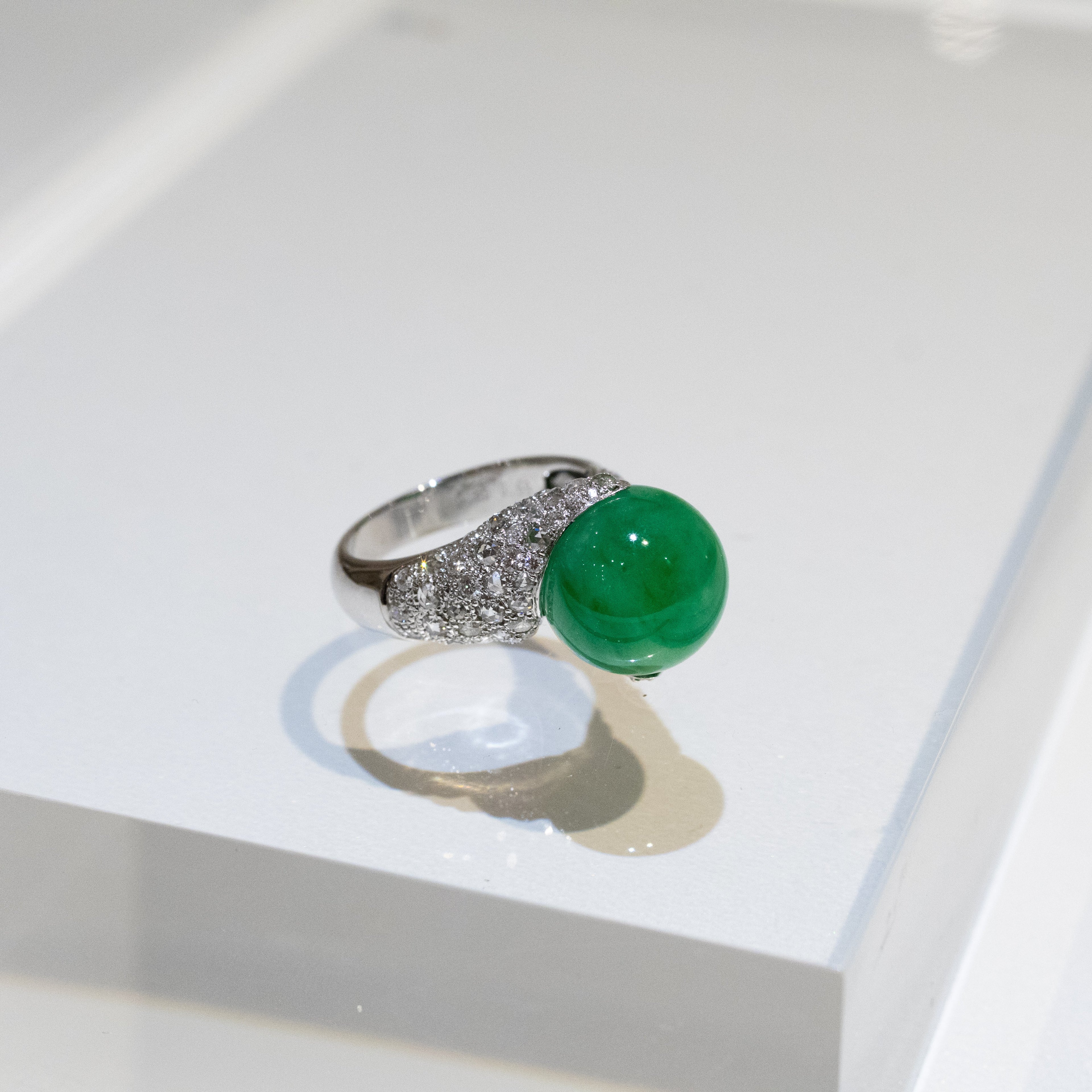 Apple Green Jade Bead Ring US 7 – Natural Type A Jadeite Bead 12mm with Diamonds in 18K White Gold