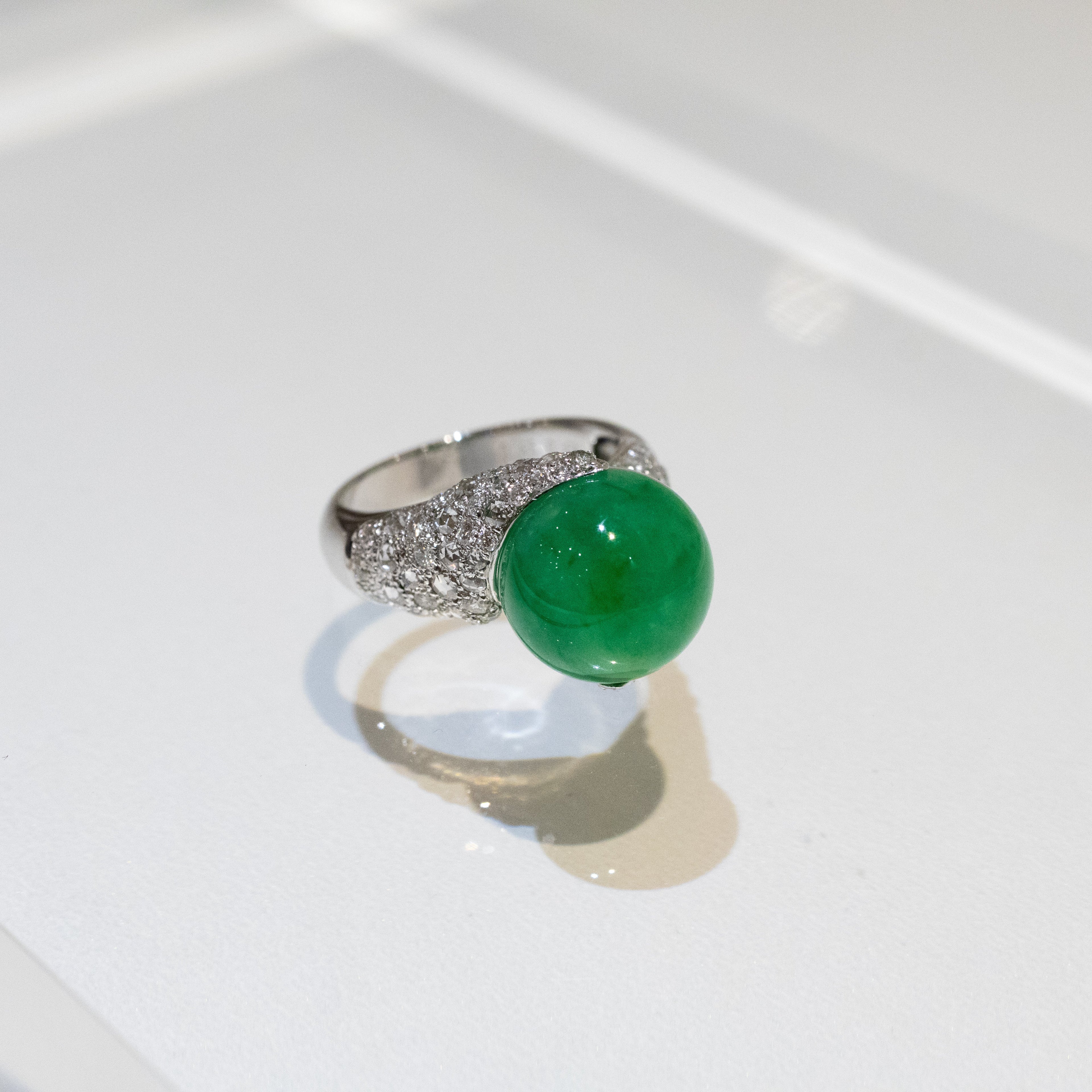 Apple Green Jade Bead Ring US 7 – Natural Type A Jadeite Bead 12mm with Diamonds in 18K White Gold