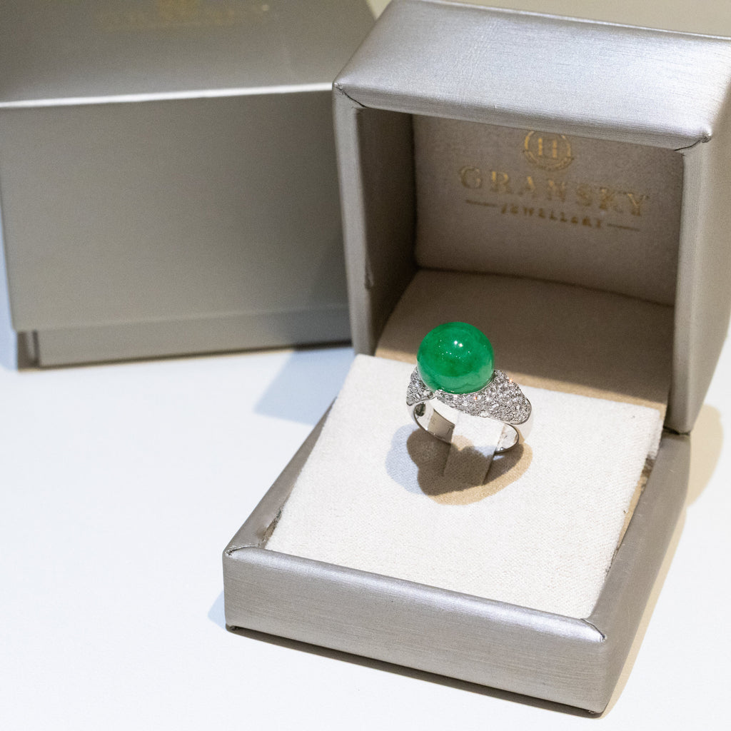 Apple Green Jade Bead Ring US 7 – Natural Type A Jadeite Bead 12mm with Diamonds in 18K White Gold