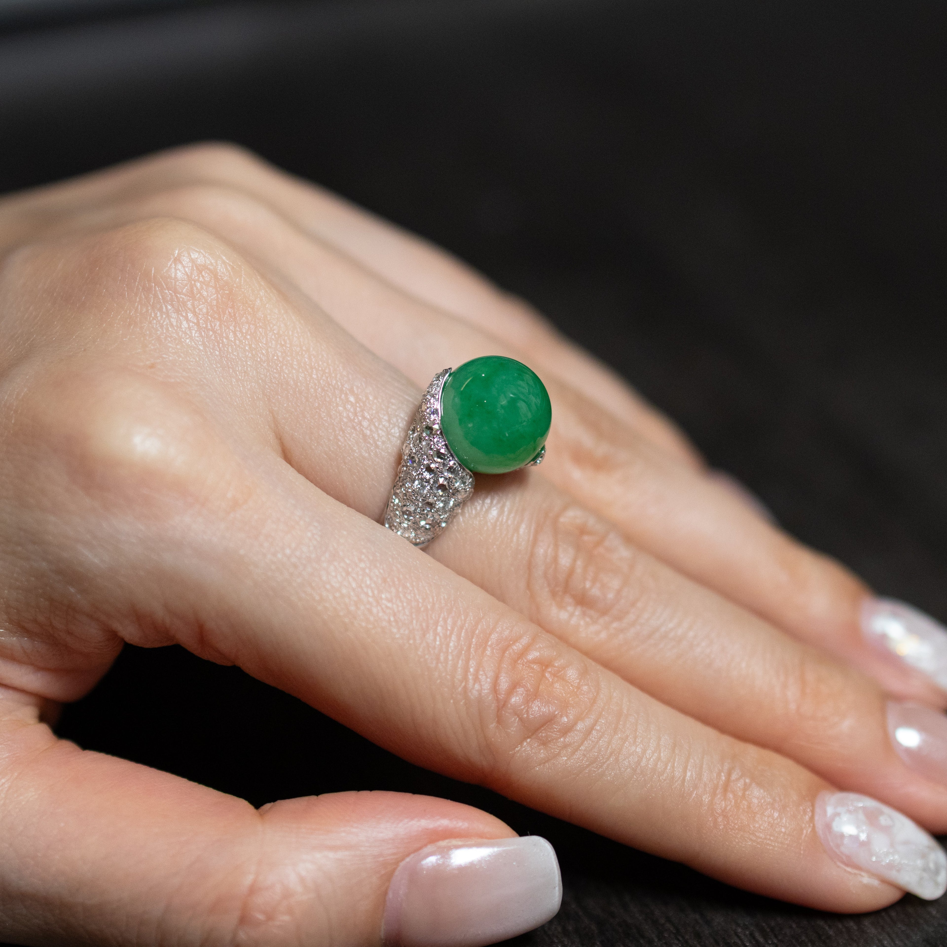 Apple Green Jade Bead Ring US 7 – Natural Type A Jadeite Bead 12mm with Diamonds in 18K White Gold
