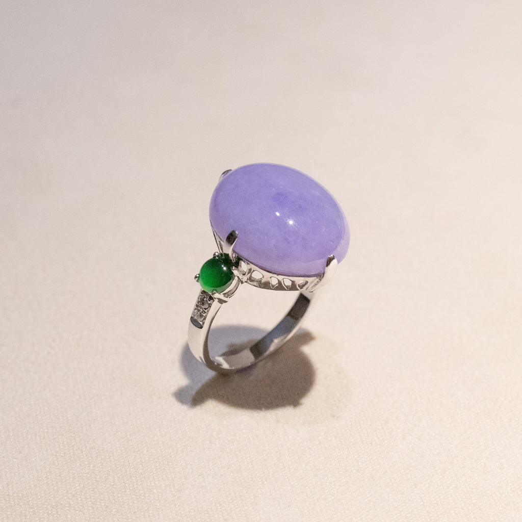 18K White Gold Diamonds Rare Purple Jade Ring - Type-A Jadeite Cabochon