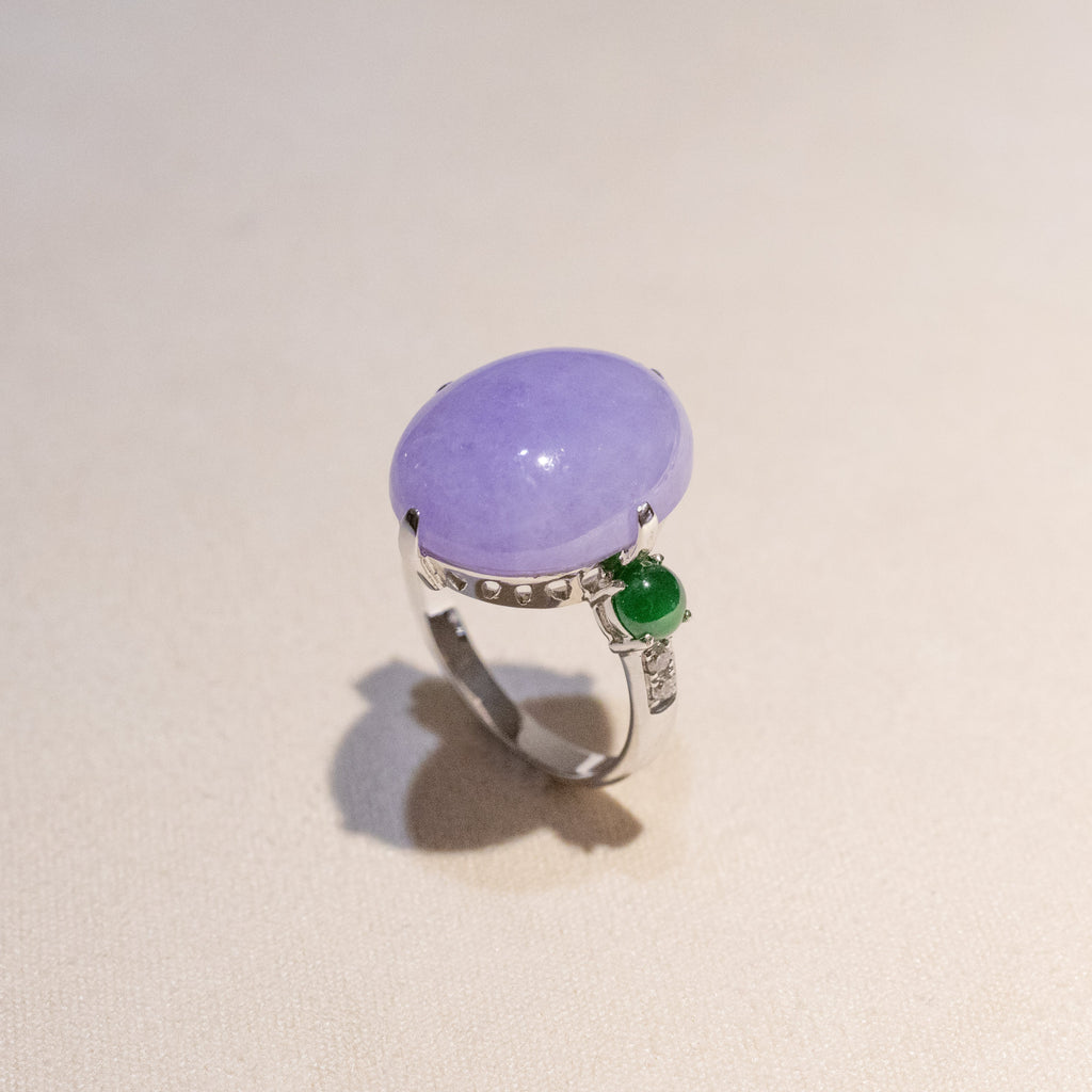 18K White Gold Diamonds Rare Purple Jade Ring - Type-A Jadeite Cabochon