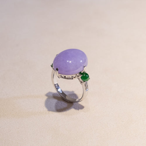 18K White Gold Diamonds Rare Purple Jade Ring - Type-A Jadeite Cabochon