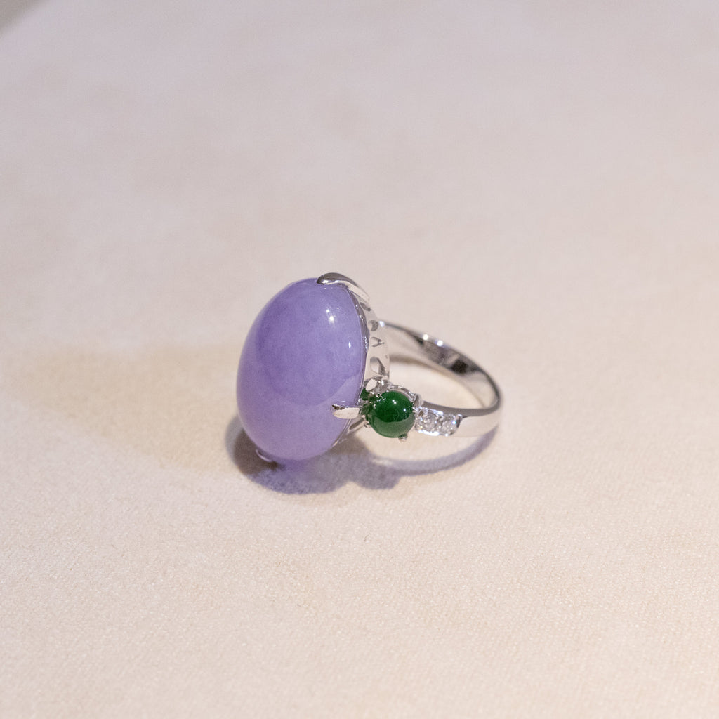18K White Gold Diamonds Rare Purple Jade Ring - Type-A Jadeite Cabochon