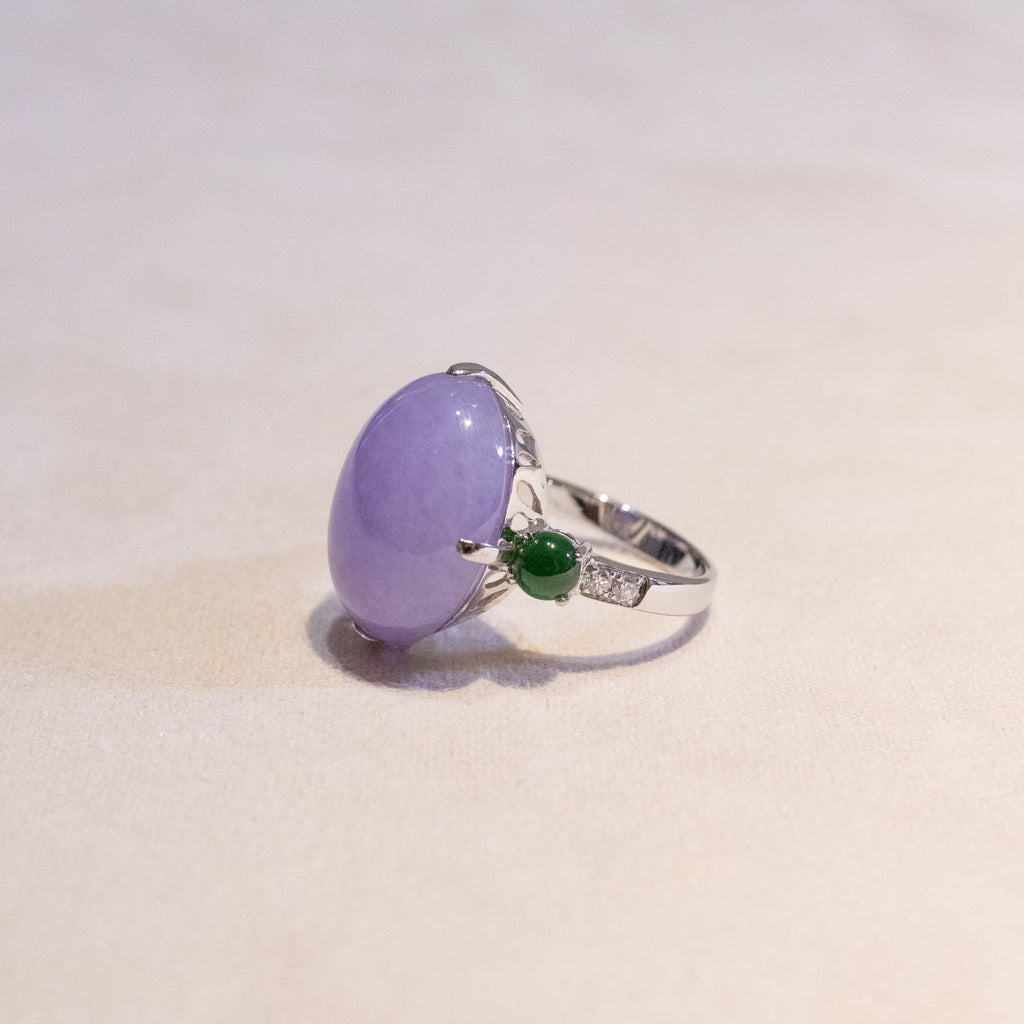 18K White Gold Diamonds Rare Purple Jade Ring - Type-A Jadeite Cabochon