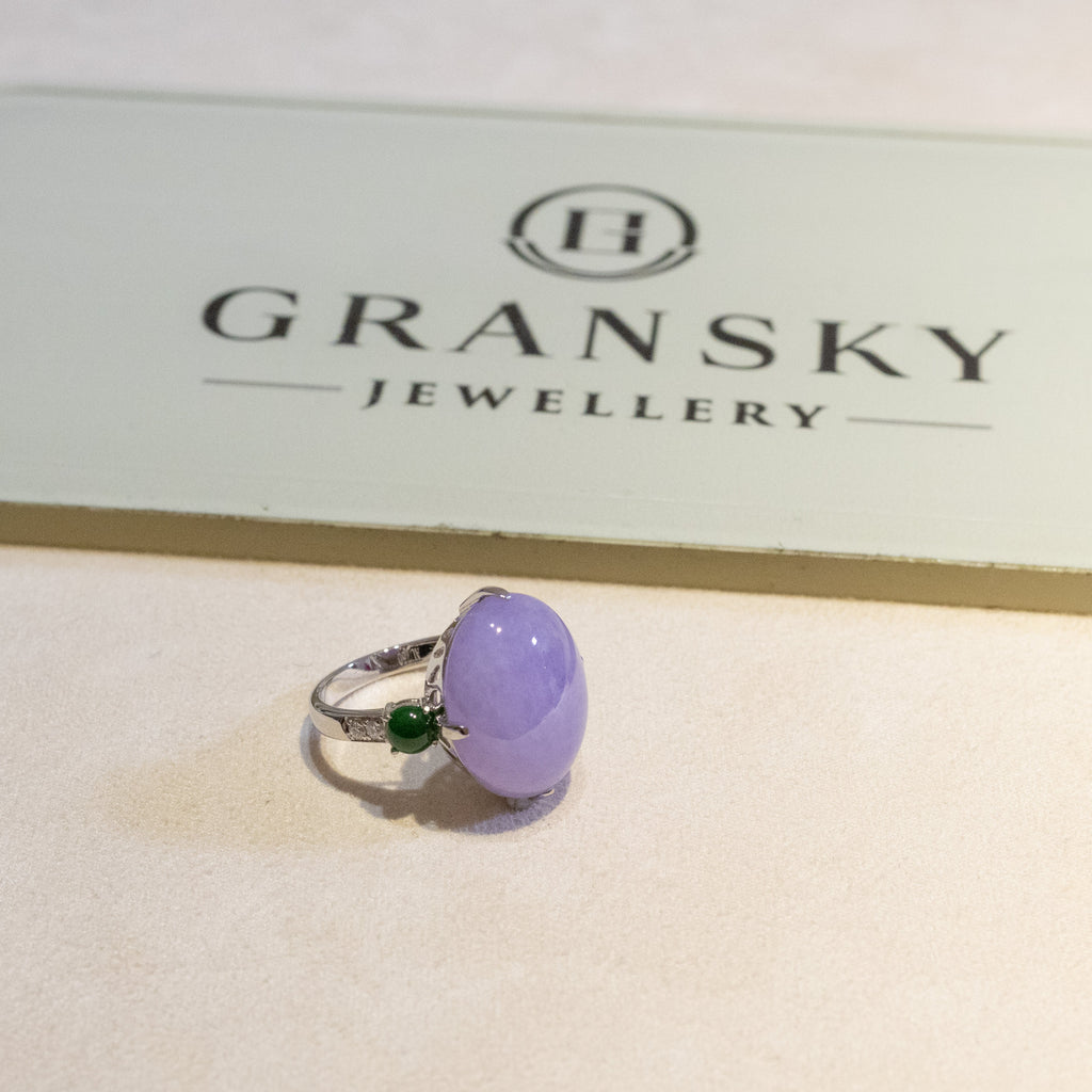 18K White Gold Diamonds Rare Purple Jade Ring - Type-A Jadeite Cabochon