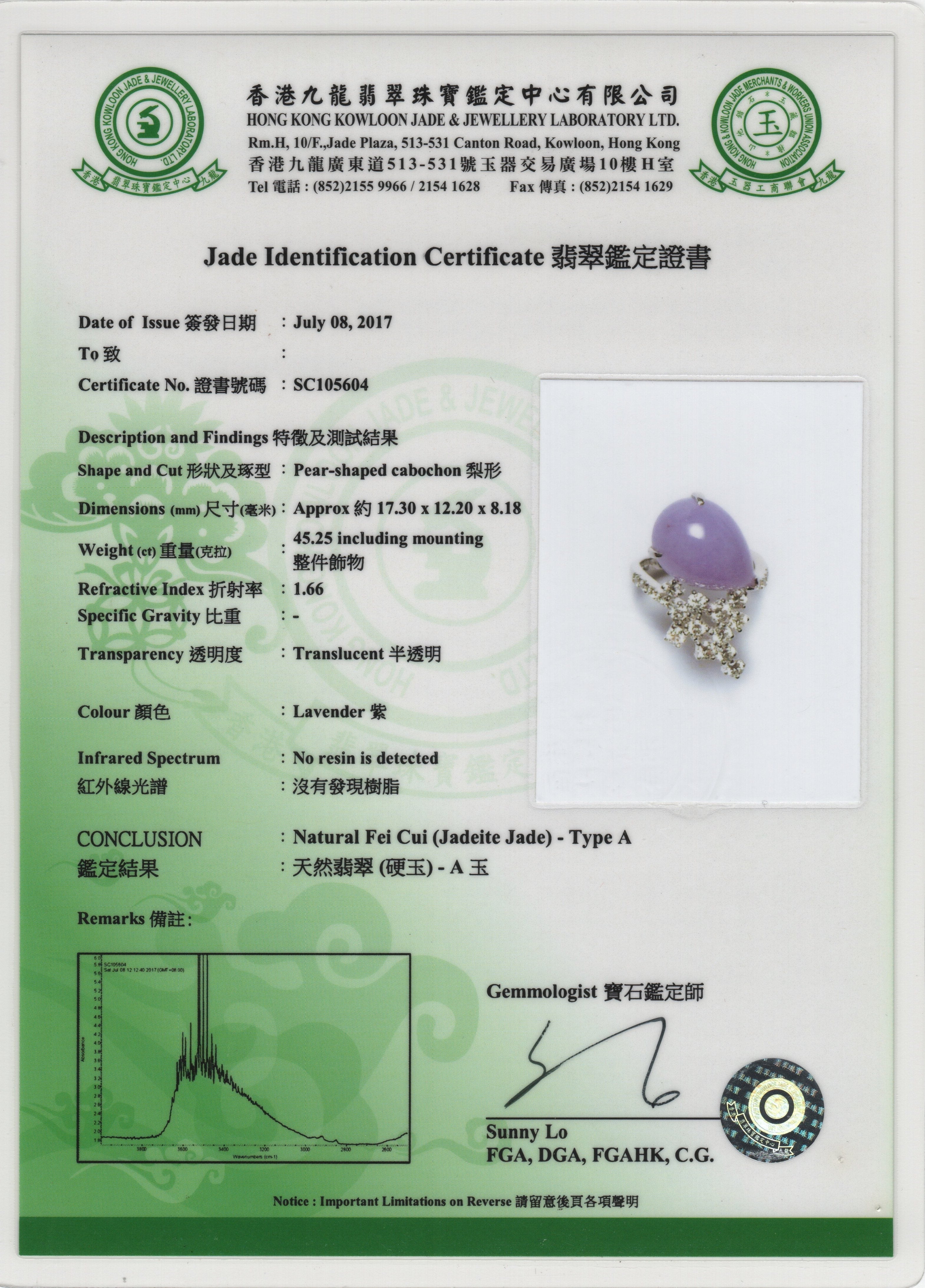 Gransky Pear Shape Purple Type A Jadeite Diamond Ring in 18k White Gold | Natural Burmese Jade Certificate Included