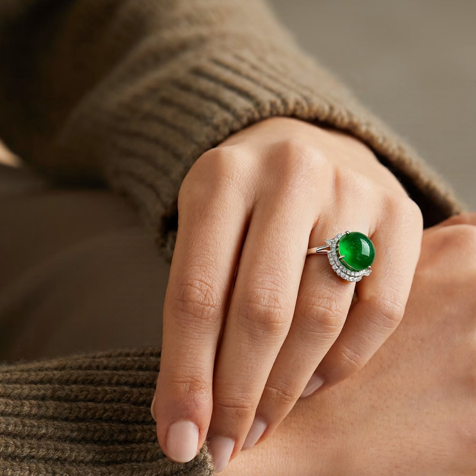Intense Green Burmese Jadeite Cabochon Ring in 18K White Gold with Diamonds